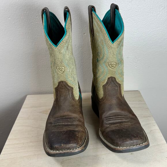 Girl Ariat 10014121 TALL BUCKAROO BRN SUEDE CROSS SQUARE TOE COWBOY Boots size 2 - Picture 2 of 9